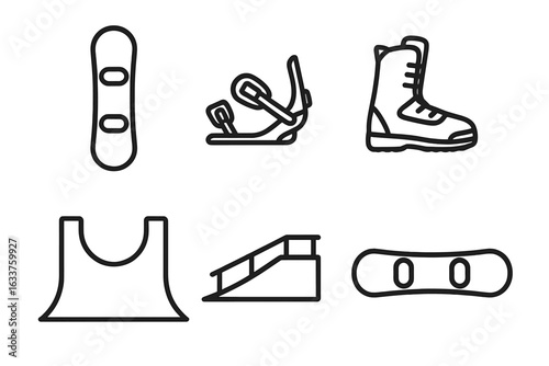Snowboarding Vector Icon Set. Outline Snowboard, Bindings, Boots, Halfpipe, Snow Park Ramp, Equipment, Freestyle, Winter Sports, Gear Collection, Extreme Sport Concepts, Transparent Background