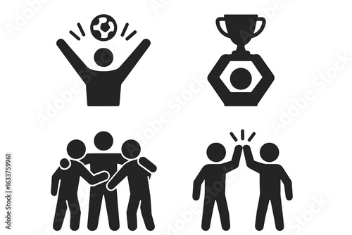 Soccer celebration icons set. Solid vector illustration of goal celebration, raising trophy, team huddle, and high five. Black pictograms. Victory, teamwork, sports achievement, football concept.