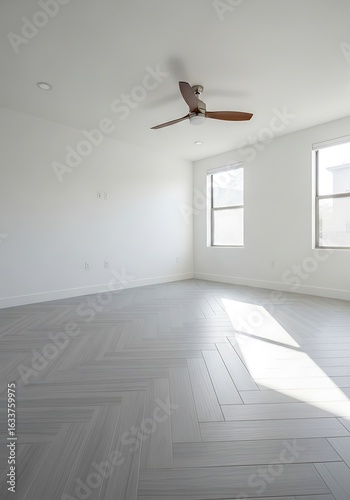 Bright modern room bathed in natural light with elegant herringbone flooring design
