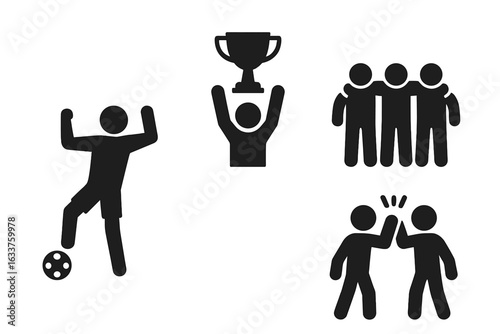 Soccer celebration icons set, vector silhouettes of football player goal celebration, winning trophy raise, teammates huddle, high five gesture, successful teamwork, sports victory, group unity