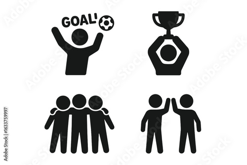 Soccer Celebration Icons Set. Teamwork Goal Celebration Trophy Win High Five Team Huddle. Solid Filled Vector Silhouette Pictograms for Sports, Success, Community, Soccer Event Graphics