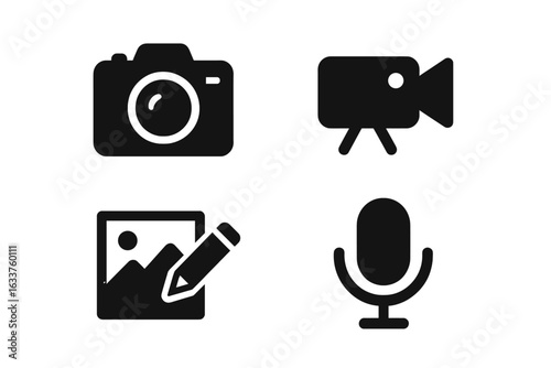 Social Media Content Creation Icons Set. Vector Camera, Video, Microphone, Image Editing Symbols. Flat Solid Style Social Media Tools, Photography, Filmmaking, Audio Recording, Editing Isolated Icons