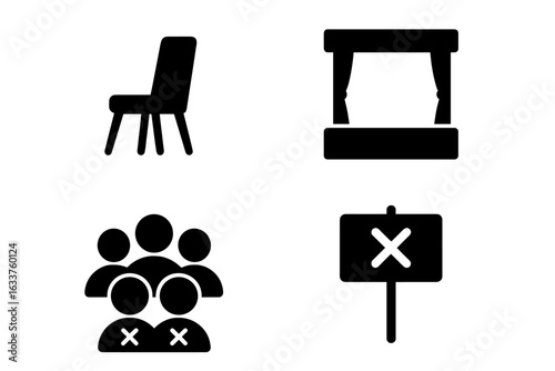 Social Silence Icons Set. Vector Crowd with Silent Protest, Empty Chair, Vacant Stage, Silent Protest Symbol. Silent Society, Social Exclusion, Absence, Speechless Community, Isolation Concept