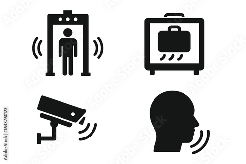 Security Scanning Icons Set. Metal Detector Gate, X-ray Baggage Scanner, Surveillance Camera, Infrared Face Recognition. Security Measures, Airport, Screening, Access Control Vector Illustration