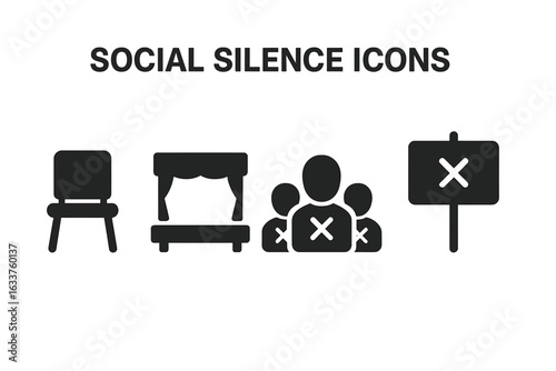 Social Silence Icons Set, Solid Filled Vector Symbols of Empty Chair, Vacant Stage, Closed Mouth Crowd, Silent Protest Sign, Concept of Quiet, Absence, and Mute Communication