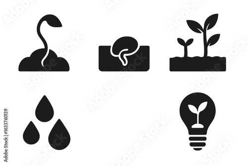 Seed Germination Icons Set. Solid Filled Vector Illustrations of Seed, Sprout, Plant Growth Stages, Water Droplets, Light Bulb with Leaf. Soil, Agriculture, Farming, Botanical Growth Process Symbols.