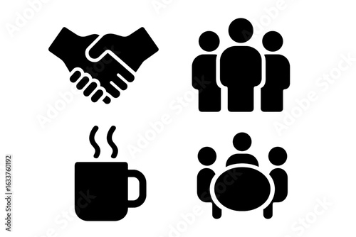 Social interaction vector icons set. Handshake, group meeting, coffee break, teamwork, networking, business agreement, collaboration, office people, community, workplace communication, team support.