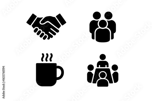 Social Interaction Communication Icons Set. Solid Vector Handshake, Teamwork, Group People, Coffee Break, Business Meeting, Networking, Office Collaboration, Wellness Concept Isolated