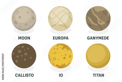 Solar System Moons Vector Set. Isometric Flat Icon Collection of Major Satellites: Moon, Europa, Ganymede, Callisto, Io, Titan. Astronomy, Space Science, Educational Illustration