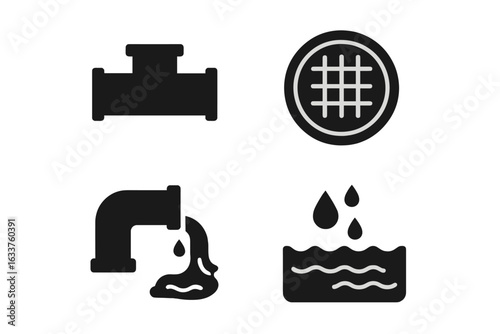 Sewer system icons set. Solid filled vector illustration with main sewer pipe, manhole cover, drainage pipe, wastewater treatment, plumbing infrastructure, sewage, water drainage, collection tank