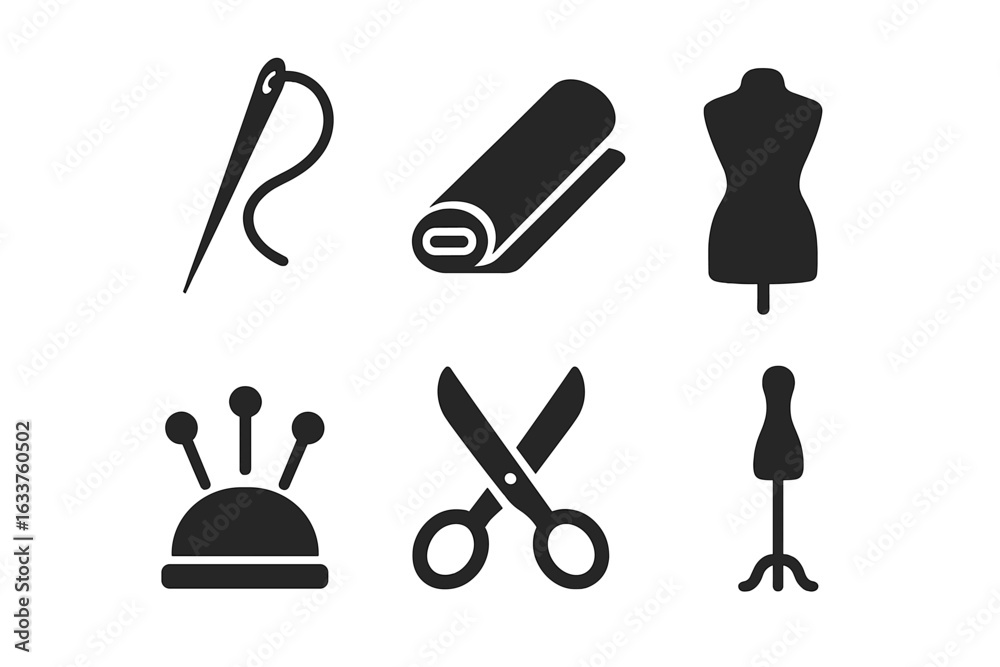 Obraz premium Sewing tools vector icons set. Needle and thread, fabric roll, dressmaker mannequin, pincushion, tailoring scissors, solid silhouette sewing symbols for fashion design, garment making, and tailoring.