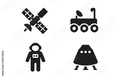 Space mission icons set. Solid vector symbols of satellite, Mars rover, astronaut, space capsule, spacecraft, exploration technology, science illustration for space travel and discovery concepts