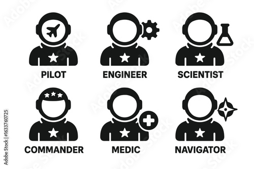 Spaceship Crew Roles Icon Set. Solid filled vector icons of astronaut professions: pilot, engineer, scientist, commander, medic, navigator. Space exploration job badges. Modern black silhouettes.