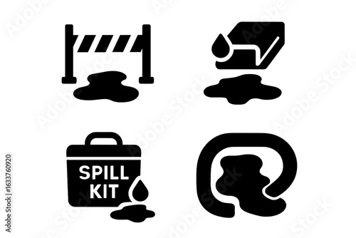 Spill containment icons set. Hazard liquid spill, safety barrier, absorbent material, spill kit, workplace safety, hazardous material control, environmental protection. Solid vector illustration.