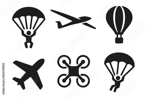 Sky activities icon set. Solid black silhouette vector symbols of skydiver, glider, hot air balloon, commercial airplane, drone, parachutist. Aviation, extreme sports, aerial transport collection