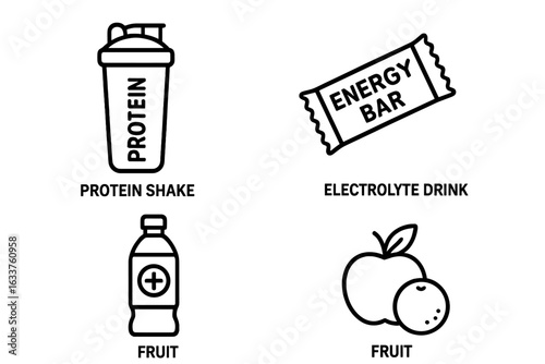 Sports Nutrition Icons Set. Outline fitness drink, protein shake, electrolyte beverage, energy bar, fruit for hydration and recovery. Healthy food and supplement symbols for gym and workout diet