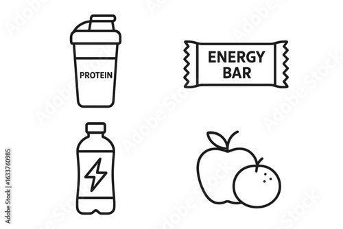Sports nutrition icons set. Outline vector illustration of protein shake bottle, energy bar, electrolyte drink, fruit. Healthy fitness food, supplement, hydration, snack, wellness concept isolated.