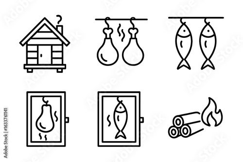 Smoking Meat and Fish Icon Set. Outline Vector Smokehouse Cabin, Hanging Meat, Hanging Fish, Smoking Chamber, Firewood. Food Preservation, BBQ Grill, Smoked Fish, Charcuterie, Butchery, Culinary Icons