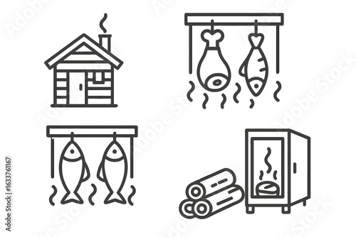 Smoked Food Icons Set. Outline vector smoked meat and fish, smokehouse cabin, hanging ham, hanging fish, smoking chamber, firewood. BBQ, grill, smoke, food preservation, cooking, traditional methods.