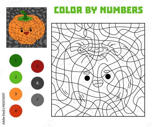 Cute character pumpkin color by number activity for kids. Fun educational coloring page with numbers. Halloween printable worksheet for preschool and kindergarten children.