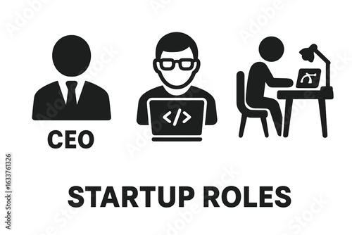 Startup Roles Vector Icon Set. Modern flat black pictograms of CEO leader, software developer with laptop, and creative designer at desk. Teamwork, business, tech, entrepreneurship job symbols.