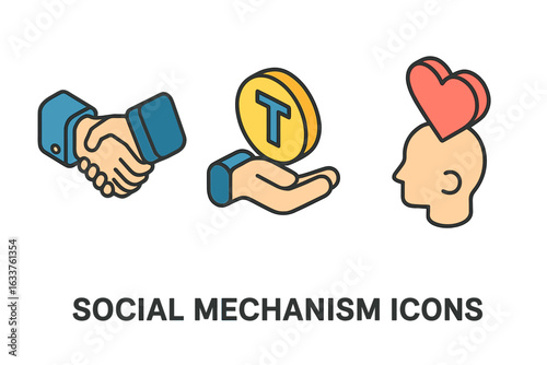 Social mechanism icons handshake, trust, empathy. Isometric flat vector set social decision making, cooperation, agreement, collaboration, teamwork, partnership, token, altruism illustration