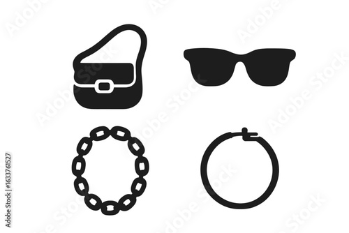Street Fashion Accessories Vector Icon Set. Solid Silhouettes of Crossbody Bag, Sunglasses, Chain Necklace, Hoop Earring. Trendy Modern Urban Women’s Fashion Symbols for Design and Branding
