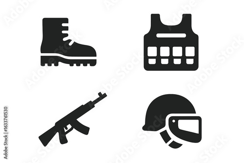 Military Equipment Icon Set. Solid Vector Illustrations of Soldier Gear, Combat Boots, Tactical Vest, Assault Rifle, Ballistic Helmet with Visor. Army Accessories, Protection, Weapon Symbols.