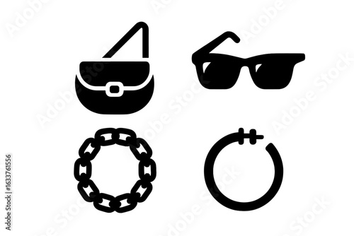 Modern Street Fashion Accessories Vector Icon Set. Solid Filled Silhouettes of Crossbody Purse, Sunglasses, Chain Necklace, Hoop Earring. Urban Trendy Style Clipart for Fashion Design