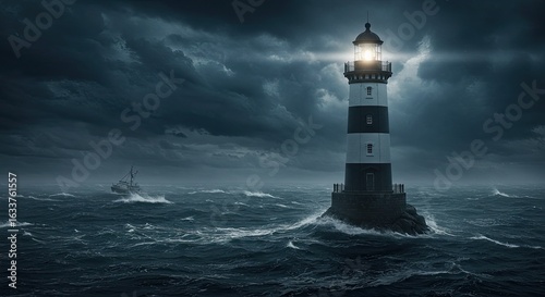Striking Lighthouse with Stormy Blue Sky and Rough Ocean Waters