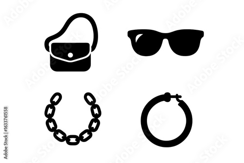 Street fashion icons vector set, solid filled illustration of trendy streetwear accessories including crossbody bag, sunglasses, chain necklace, hoop earring, urban style elements