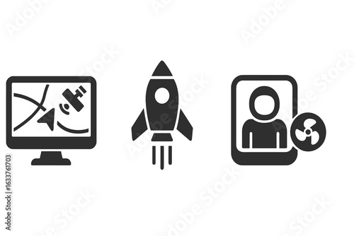 Space Technology Solid Icon Set: Navigation Satellite on Monitor, Rocket Propulsion, Life Support System, Space Travel Exploration, Astronaut Essentials, Vector Illustration, Isolated Icons