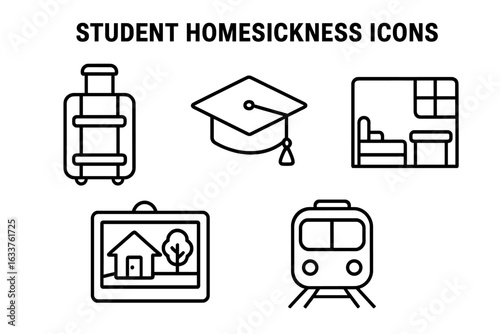 Student Homesickness Concept Icons Set. Outline Vector Symbols of Suitcase, Graduation Cap, Dormitory Room, Home Photo, Train. University Life, Freshman Adjustment, Study Abroad, Emotional Support