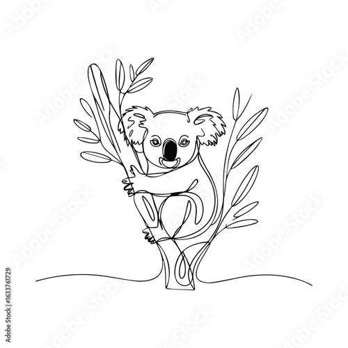 Koala clinging to eucalyptus branch in continuous line art tree animal