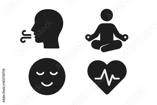 Stress Relief and Wellness Icon Set. Solid Filled Vector Illustrations of Deep Breathing, Meditation, Calm Relaxed Face, Heart Rate Monitor. Mindfulness, Anxiety Relief, Health Concepts