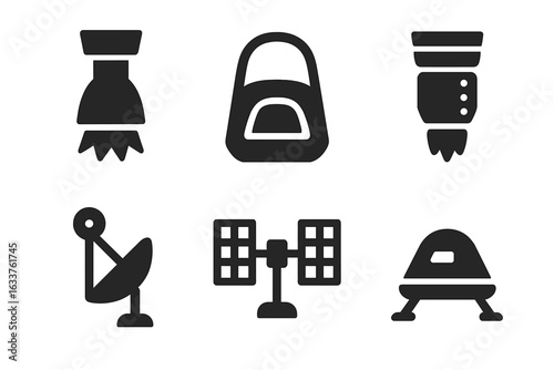 Spaceship Parts Icons Vector Set. Solid Filled Style. Rocket Engine, Spacecraft Cockpit, Thruster, Satellite Antenna, Solar Panel, Space Lander. Futuristic Technology Elements Isolated