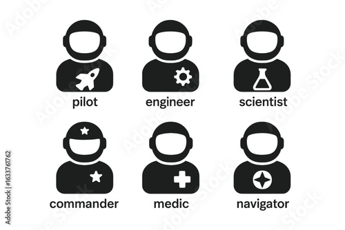 Spaceship crew roles icon set. Solid vector icons for pilot, engineer, scientist, commander, medic, navigator. Space team professions, astronaut jobs, mission crew symbols. Black filled silhouettes.