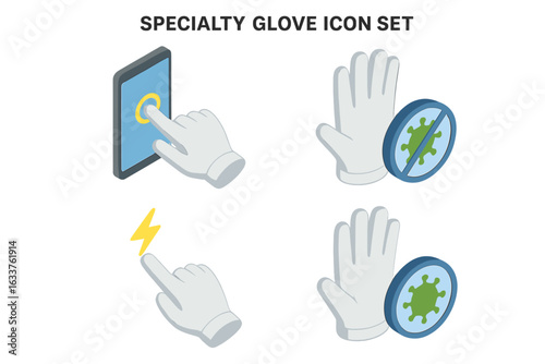 Isometric Specialty Glove Icon Set. Touchscreen Gloves, Antimicrobial Safety, Electric Insulation, Infection Control, Protective Equipment, Medical, Industrial, Hygiene. Vector Illustration Collection