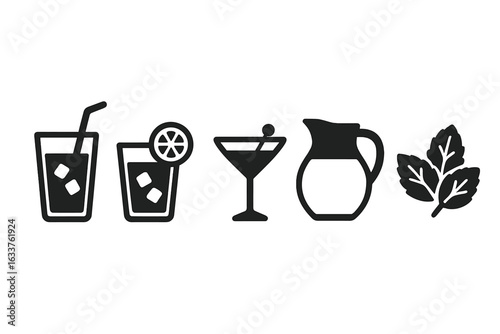 Summer drink icons set. Solid filled vector symbols of iced tea, lemonade with citrus, cocktail glass, water pitcher, mint leaves. Refreshing summer beverages, bar menu, cold drink illustration