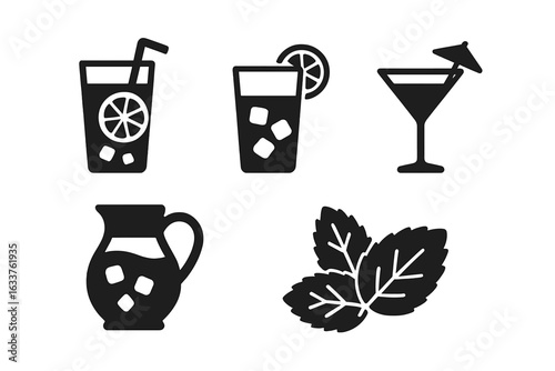 Summer drinks icons set with solid filled style featuring refreshing iced tea, lemonade, cocktail glass, water pitcher, and fresh mint leaves for tropical beverage themes