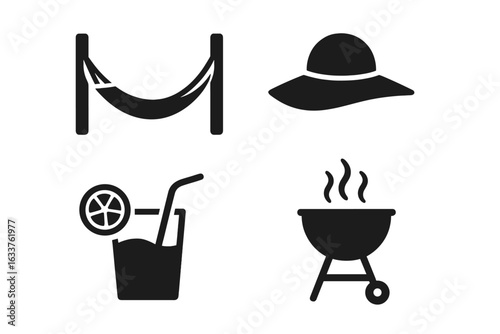 Summer Relaxation Icon Set. Solid Vector Symbols of Hammock, Sunhat, Lemonade Drink, Outdoor Grill. Black Silhouette Isolated on Transparent Background. Summer Activities and Leisure Concepts.