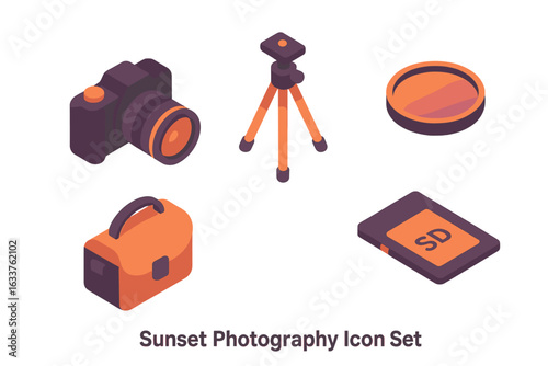 Isometric Sunset Photography Equipment Icon Set. DSLR Camera, Tripod, Lens Filter, Camera Bag, SD Card. Colorful Vector Illustration for Photographers, Photo Gear, Accessories, Travel Essentials