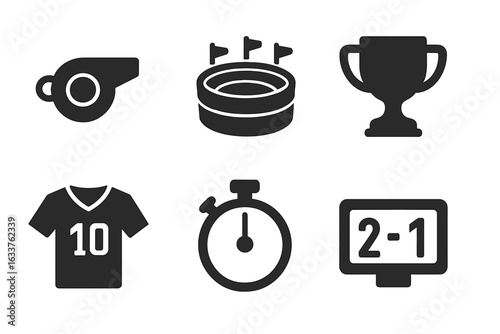 Sports icon set vector. Whistle, stadium, trophy, team jersey, stopwatch, scoreboard. Solid filled sport event symbols for football, soccer, sports competition, match, results, timing, championship.