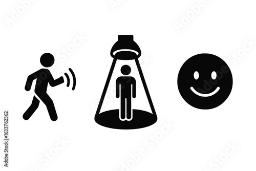 Motion sensor icon set. Person walking with movement detection waves, man standing in spotlight, smiley face. Security system, smart home, human detection, concept vector illustration isolated