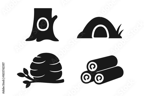 Squirrel Habitat Vector Icons Set. Solid Filled Icons of Squirrel Shelters, Tree Hollow, Ground Burrow, Leaf Nest, Log Pile. Forest Animal Home Concepts, Wildlife Shelter Illustration
