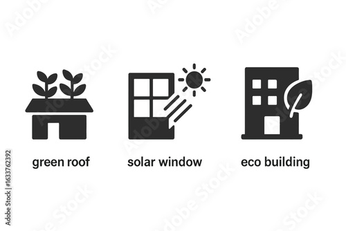Sustainable Architecture Icons Set with Solid Filled Design Featuring Green Roof, Solar Window, Eco-Friendly Building Elements, Energy Efficiency, and Environmental Conservation Vector Illustration