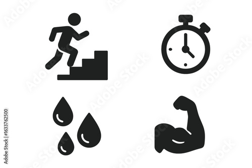 Stair sprints fitness icons set. Solid filled vector illustrations of running up stairs, stopwatch timing, sweat drops, muscular arm. Workout, exercise, cardio, endurance training, health concept