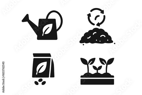 Sustainable gardening solid icons set. Eco-friendly gardening vector symbols: watering can, compost pile, seed packet, sprouts, plant care, organic farming, permaculture, horticulture design.