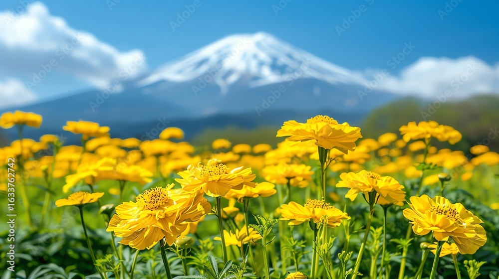 Obraz premium Yellow Flowers Blooming with Mount Fuji Snow-capped in Background