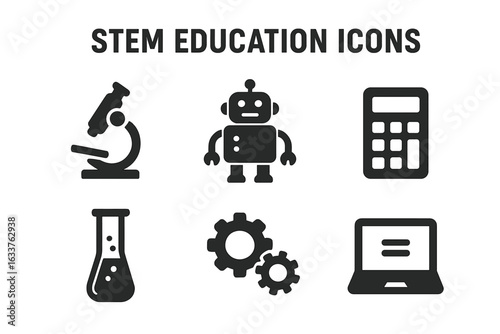 STEM education icons set. Science technology engineering mathematics symbols. Microscope, robot, calculator, test tube, gears, laptop. Black solid vector illustration for classroom learning